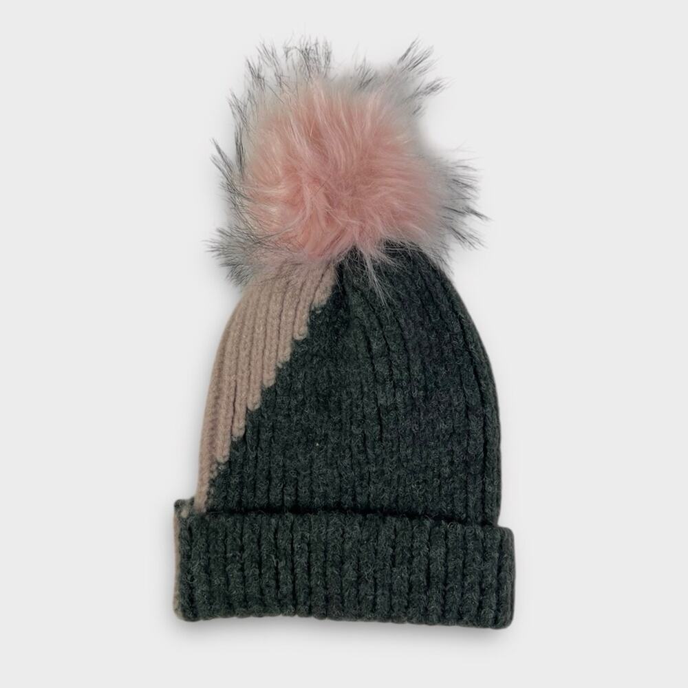 Natasha Pink Gray ColorBlock Knit Cuffed Pom Pom Beanie NEW